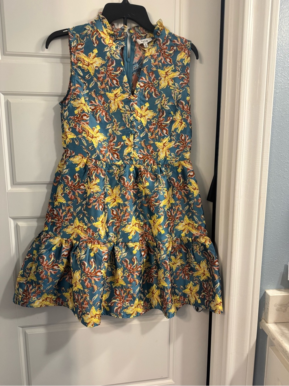 Fate Floral Ruffle Dress in Teal, Yellow & Rust
